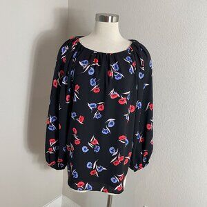 Ann Taylor Womens Large Floral Poppy Top Black Long Sleeve Blouse Pleated Neck